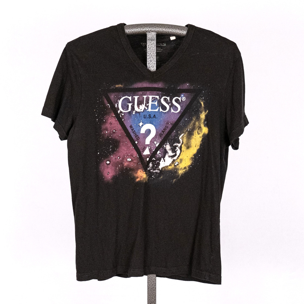 Guess USA 100% Cotton Triangle Logo Spellout V-Neck T-shirt LARGE Black Splatter